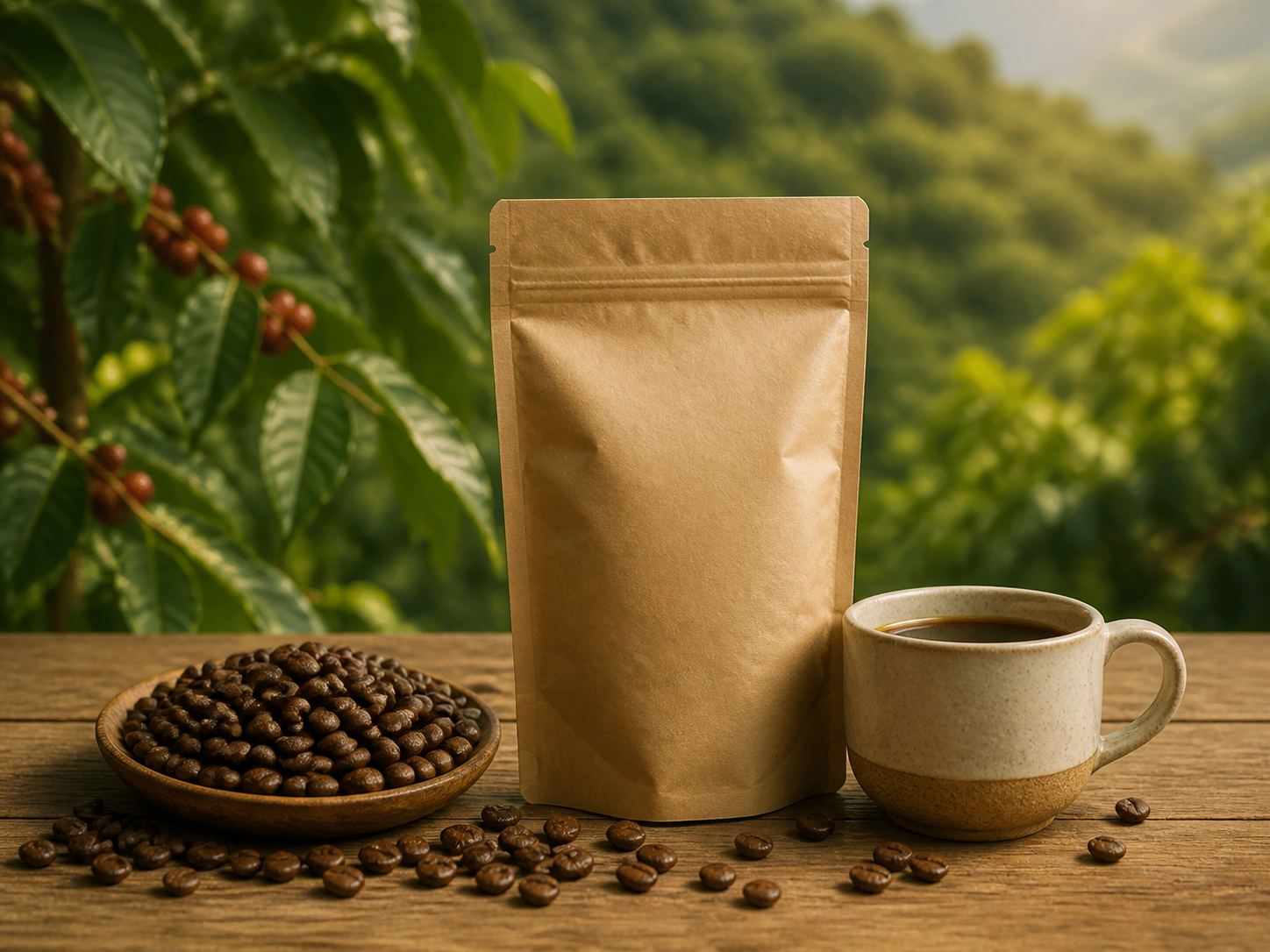 Cafe de especialidad empacado con taza y granos