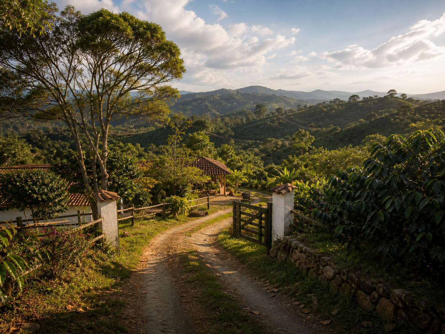 Camino rural en paisaje cafetero colombiano